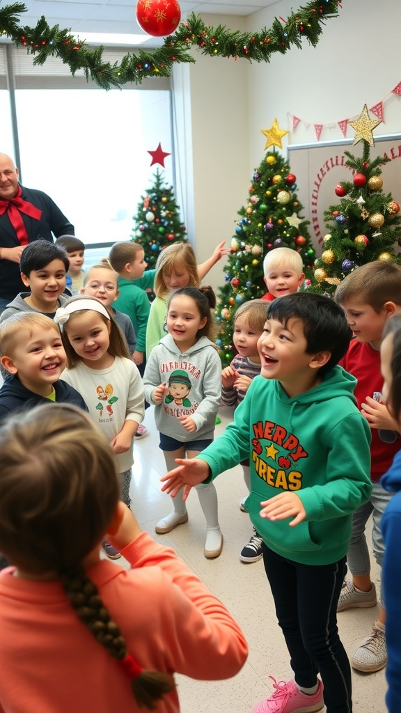 Children playing Christmas party games, filled with joy and festive decorations.